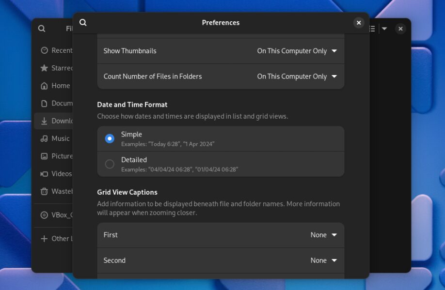 The date and TIme display setting in Files preferences