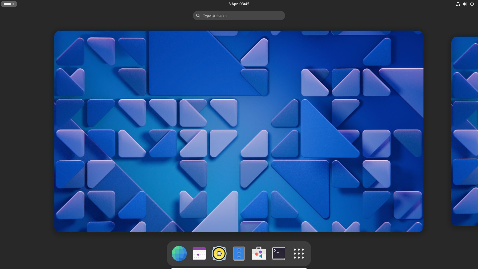 GNOME 46 desktop in Overview mode