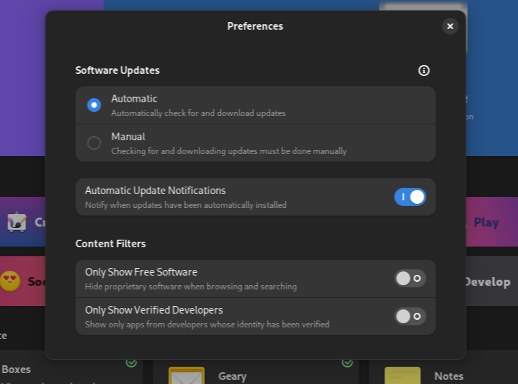 The GNOME 46 Software app Preferences dialog