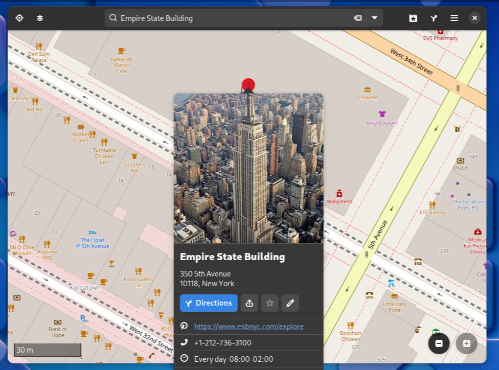 The GNOME maps application showing the Empire State Building
