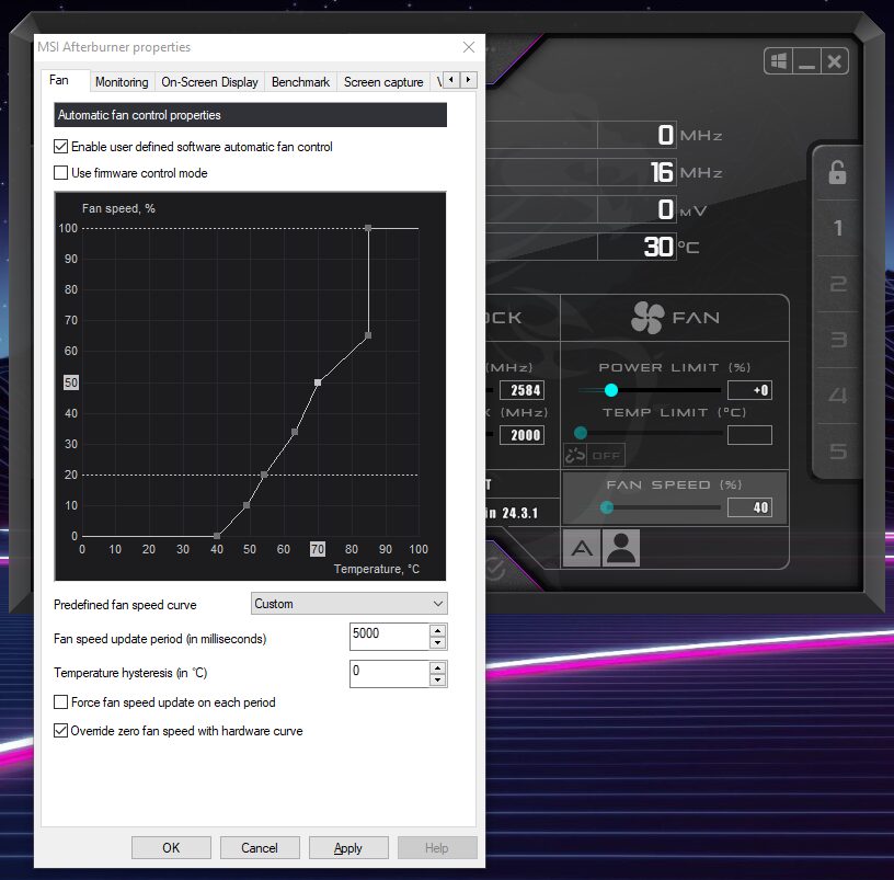 A custom GPU fan curve in MSI Afterburner.