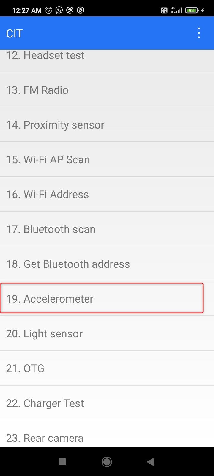 acc Arrow highlighting the the accelerometer test button on Android.