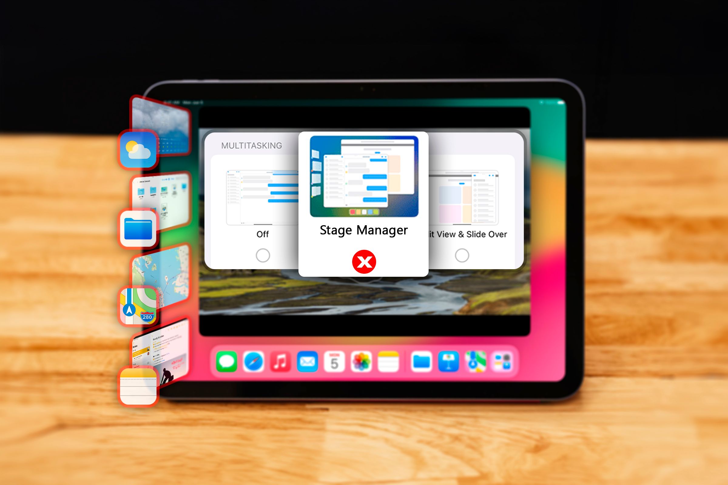 An iPad displaying the stage manager and multitasking settings.