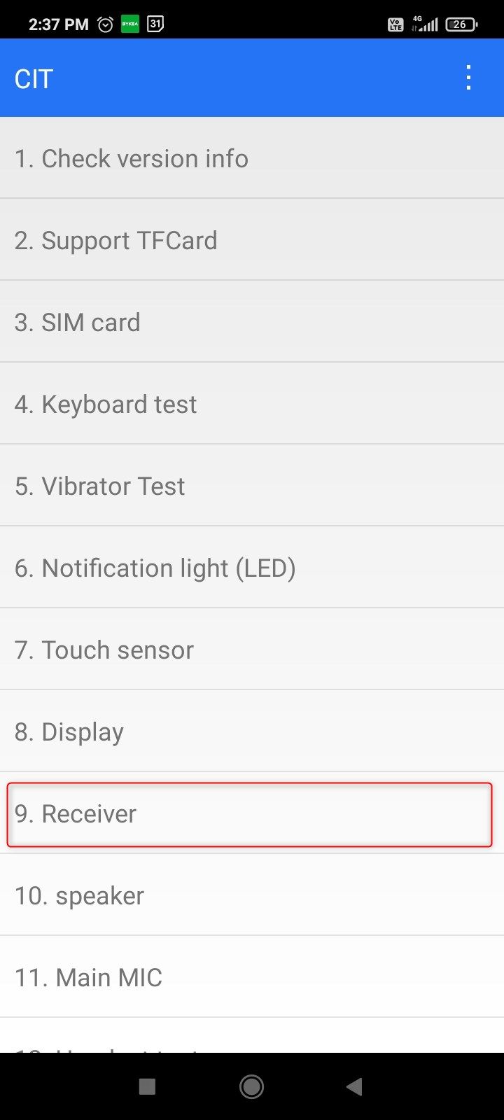 call Tapping the receiver menu item to trigger the fake phone call test on Android.