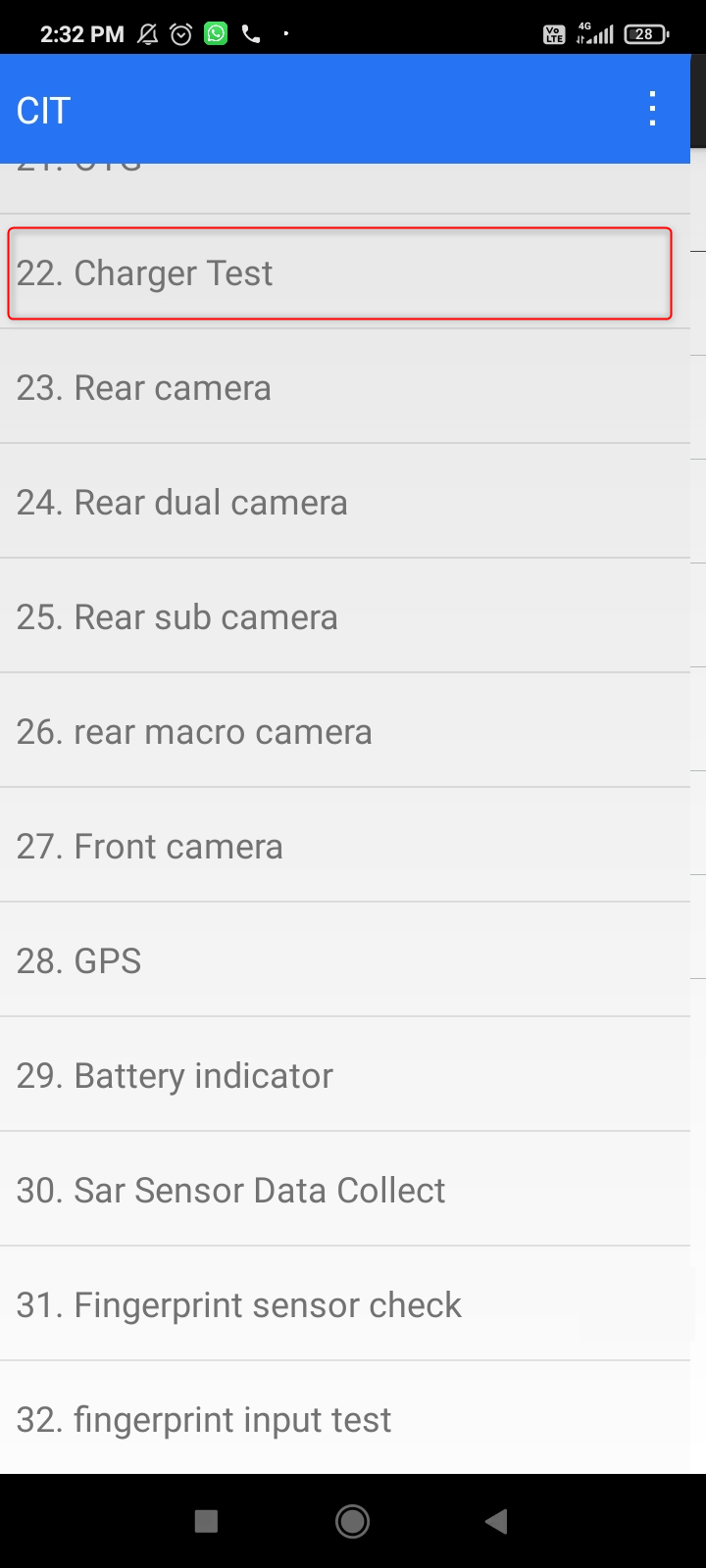charger Highlighted menu item for launching the charging port test on Android.
