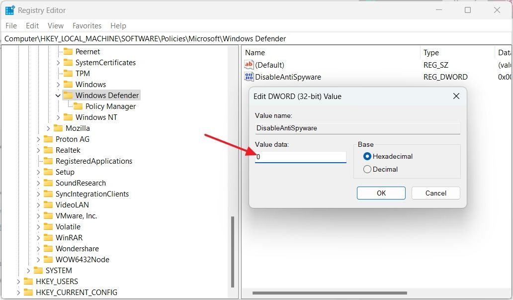 Enabling Windows Defender through Registry Editor.