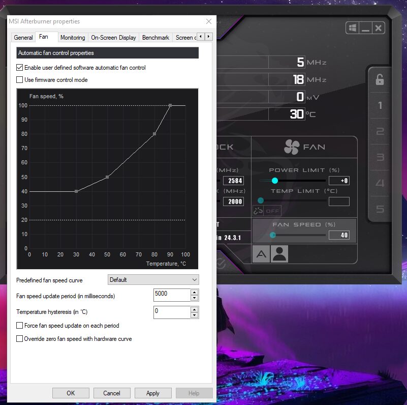 The default GPU fan curve in MSI Afterburner.