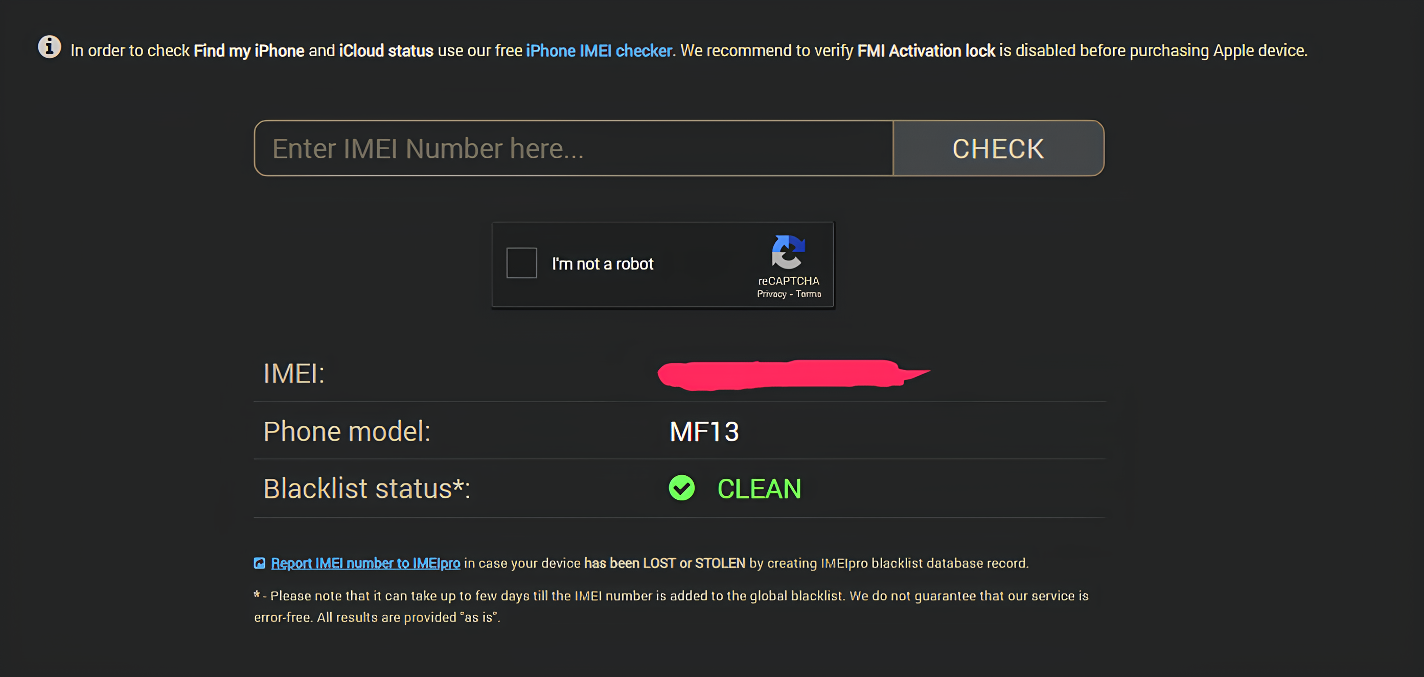 imei-check IMEI test results with a clean IMEI number.