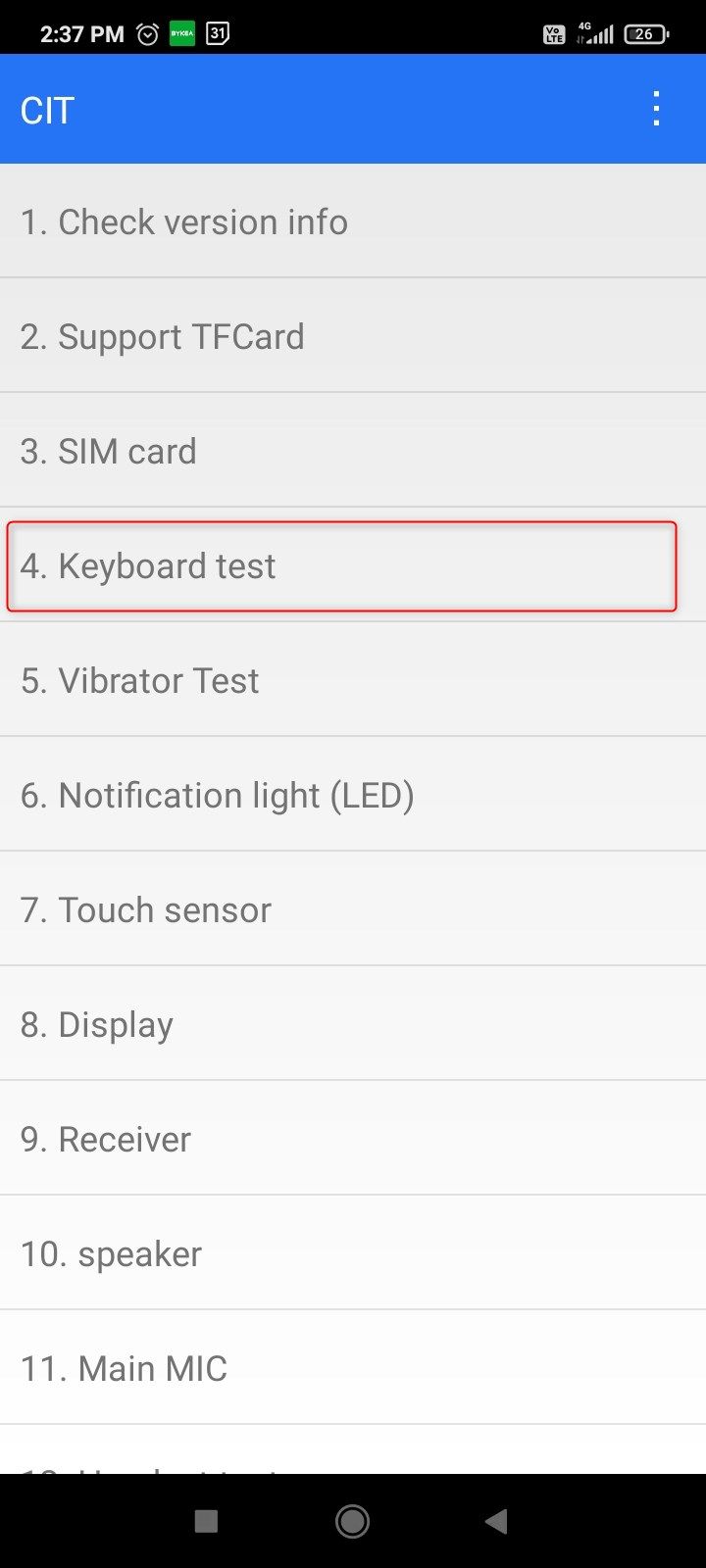 key Keyboard test menu item in the CIT tools.