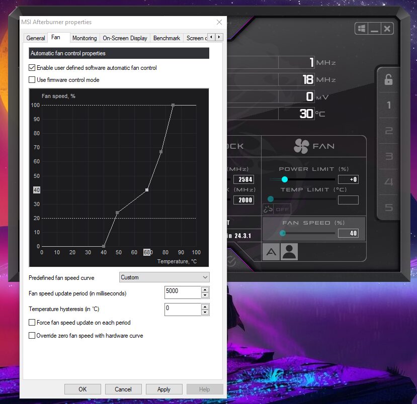 A GPU fan curve in MSI Afterburner with 0% fan speed at low temperatures and 100% fan speed at 85 degrees Celsius.