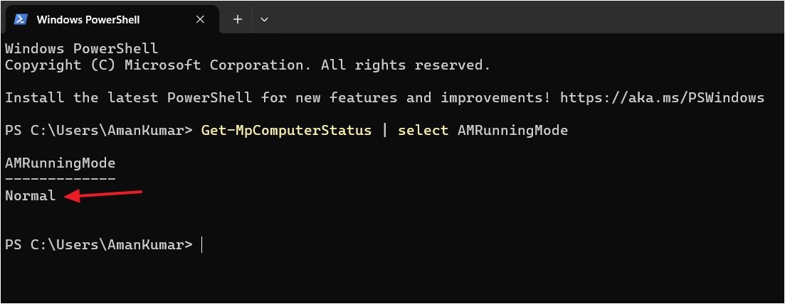 PowerShell window showing Normal in result.
