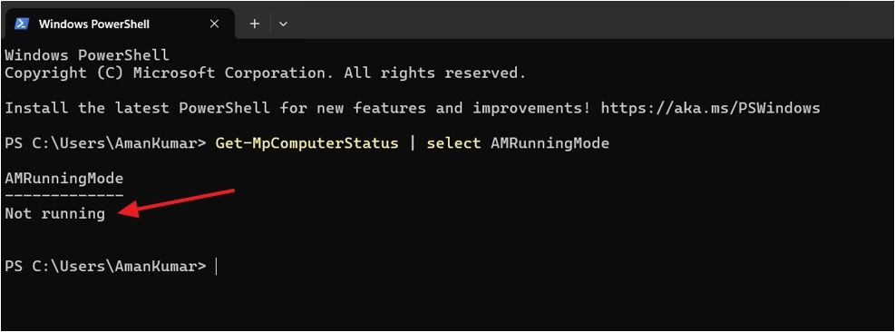 PowerShell window showing Not Running in result.