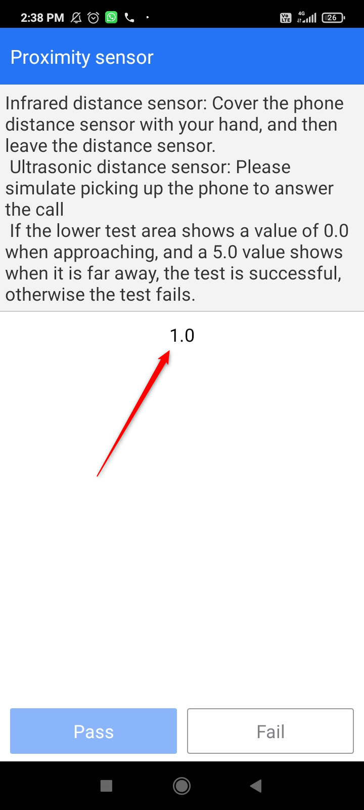 prox-1 Proximity sensor test in progress on Android.