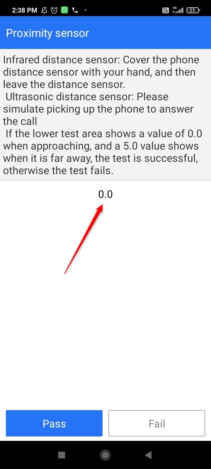 prox-3 Arrow highlighting a successful proximity sensor test on Android.