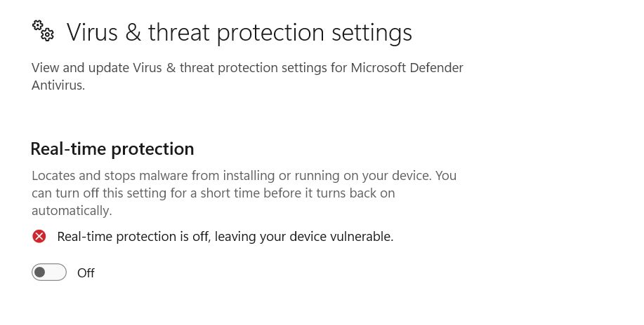 Real-time Protection toggle disabled in the Windows Security app.