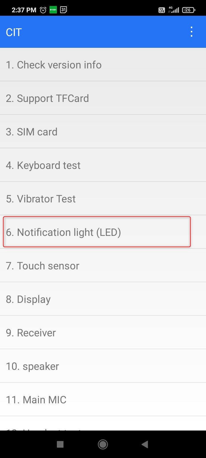 screen Menu item for triggering the screen test on Android.