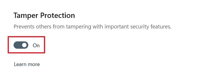 Tamper Protection toggle in the Windows Security app.