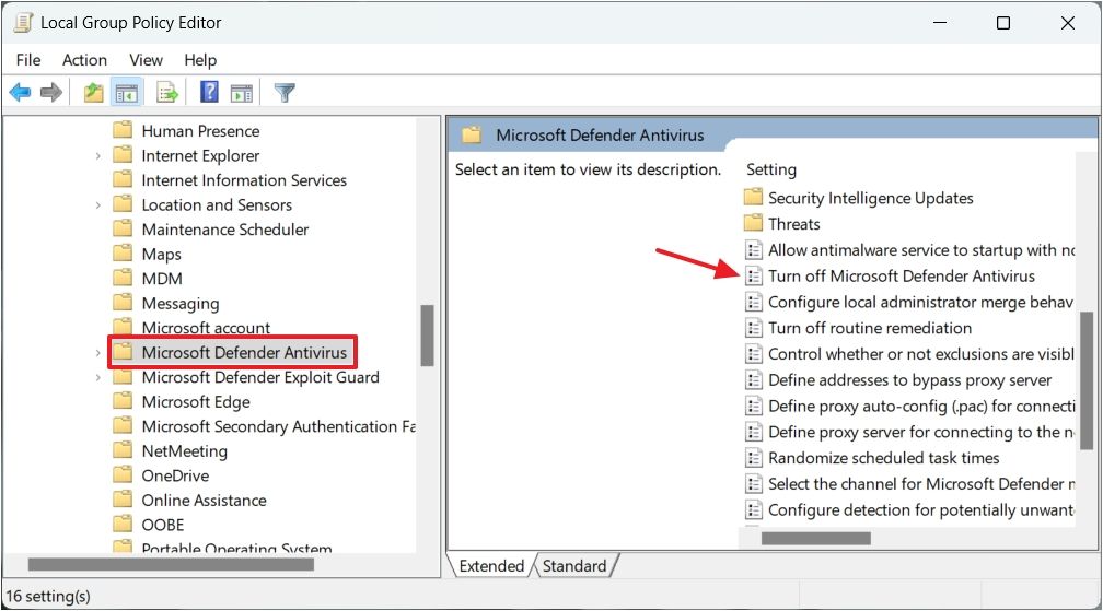 Turn Off Microsoft Defender Antivirus policy in the Local Group Policy Editor.