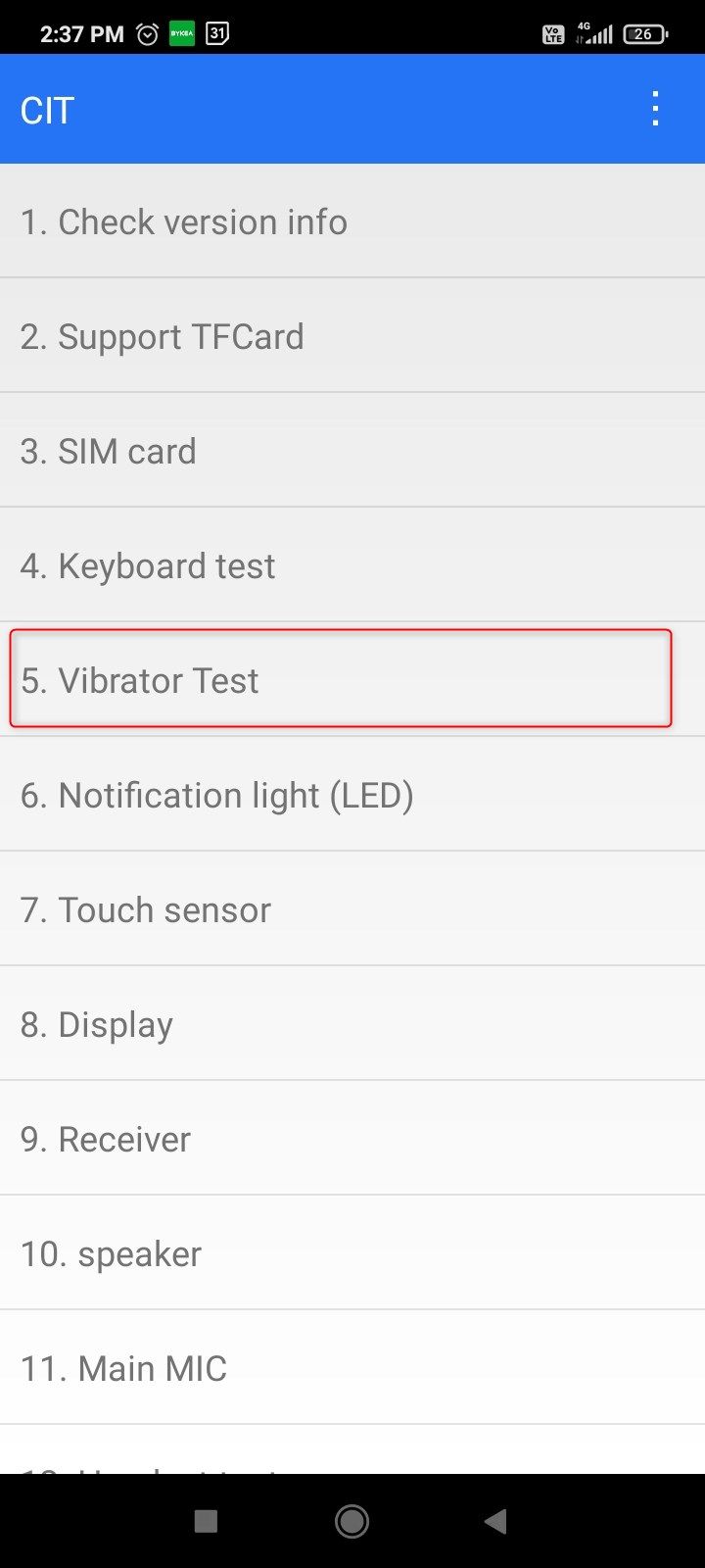 vib-1 Vibration motor test menu item in the Android CIT tools.