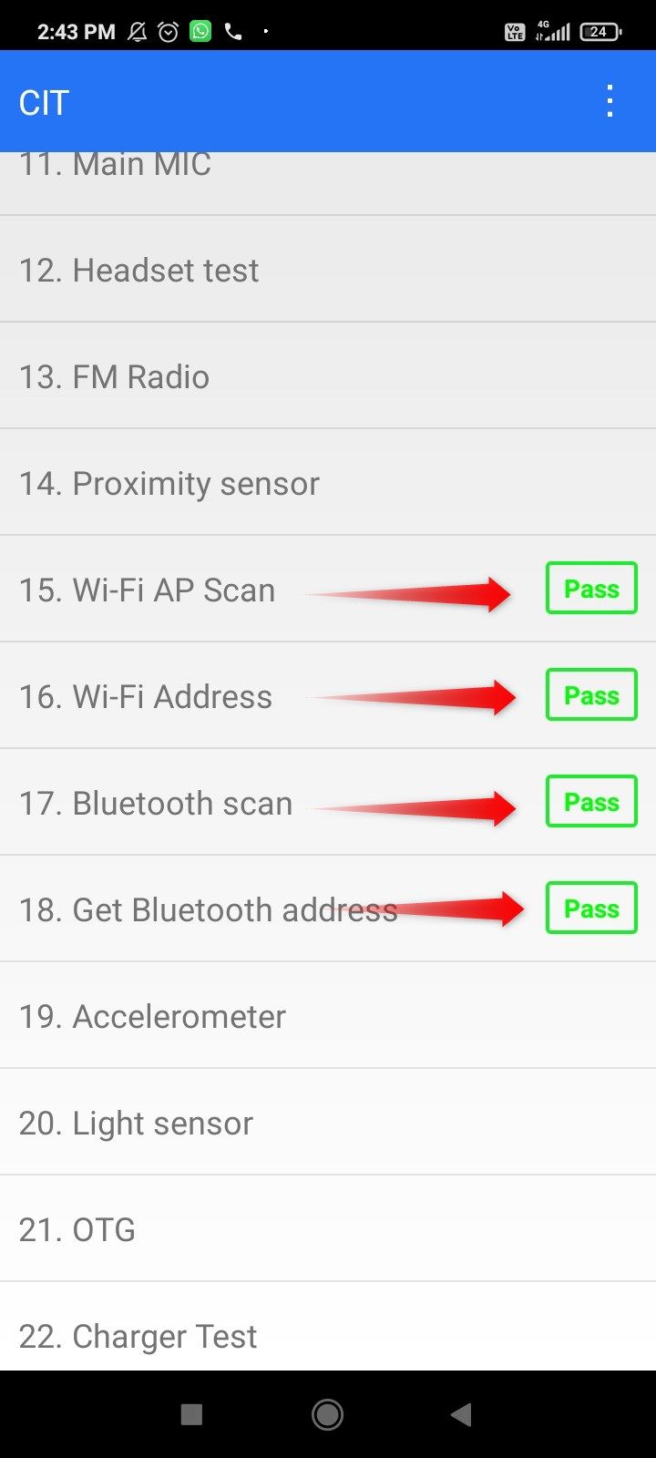 wifi-3 Pass tags indicating successful Wi-Fi and Bluetooth hardware checks on Android.
