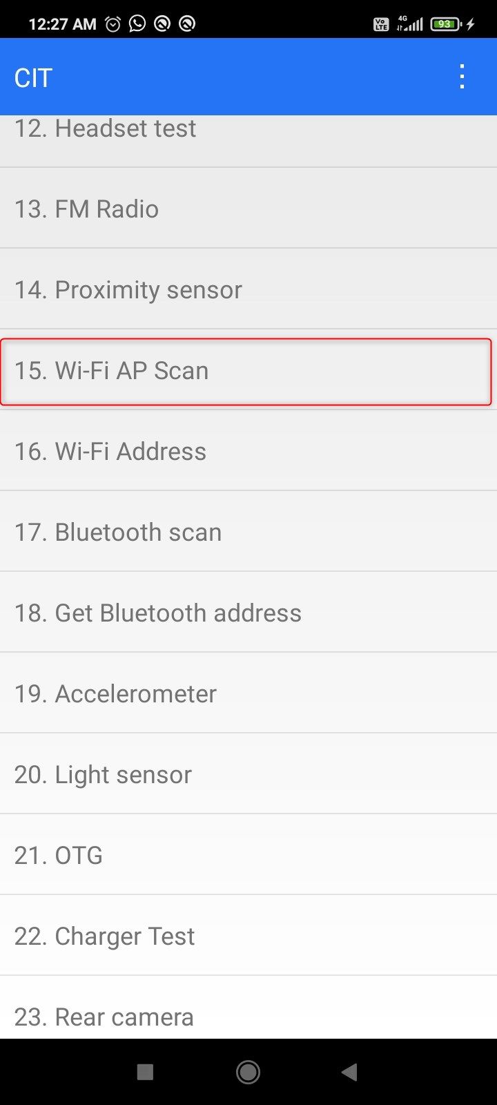 wifi Menu item for launching the automatic Wi-Fi and Bluetooth test on Android.
