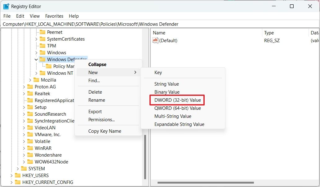 Windows Defender Key in the Registry Editor.