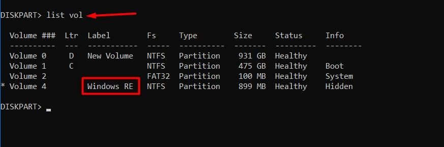 List vol command in CMD.
