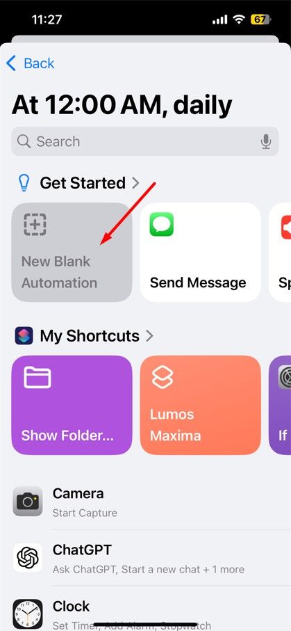 new-blank-automation-option-in-the-shortcuts-app New Blank Automation option in the Shortcuts app.