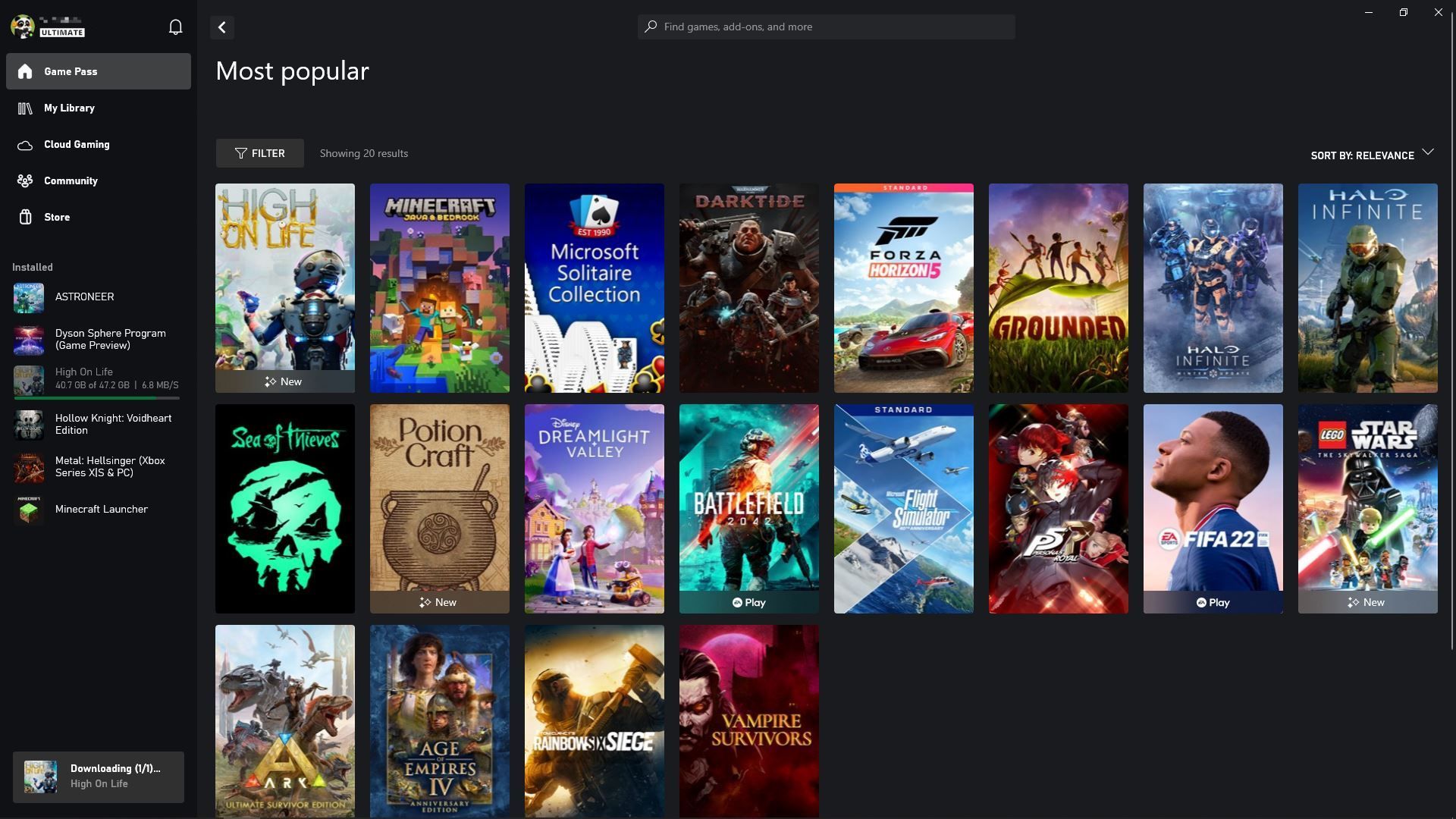 Most popular games in the Xbox Game Pass app.