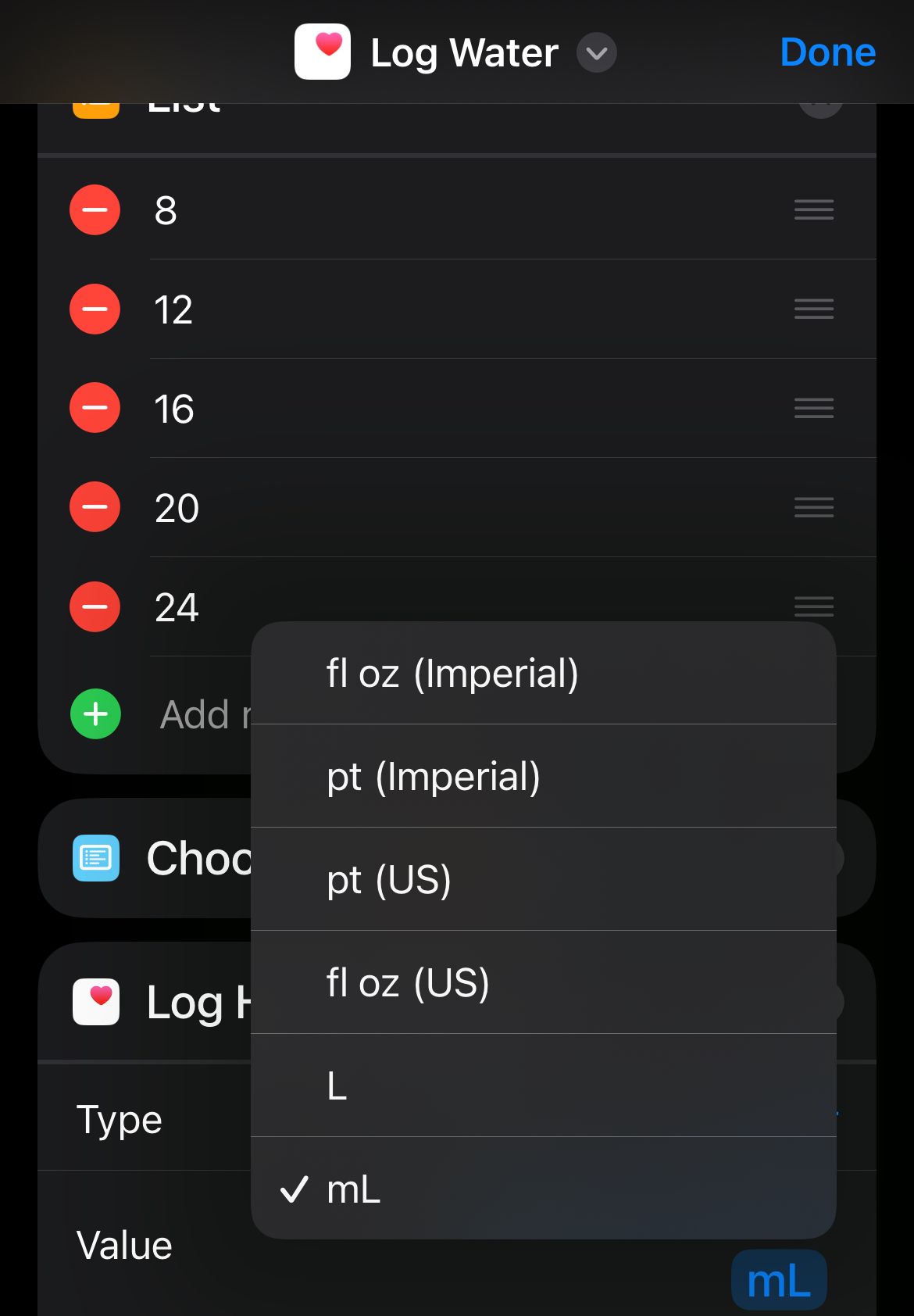 Log Water in Shortcuts.