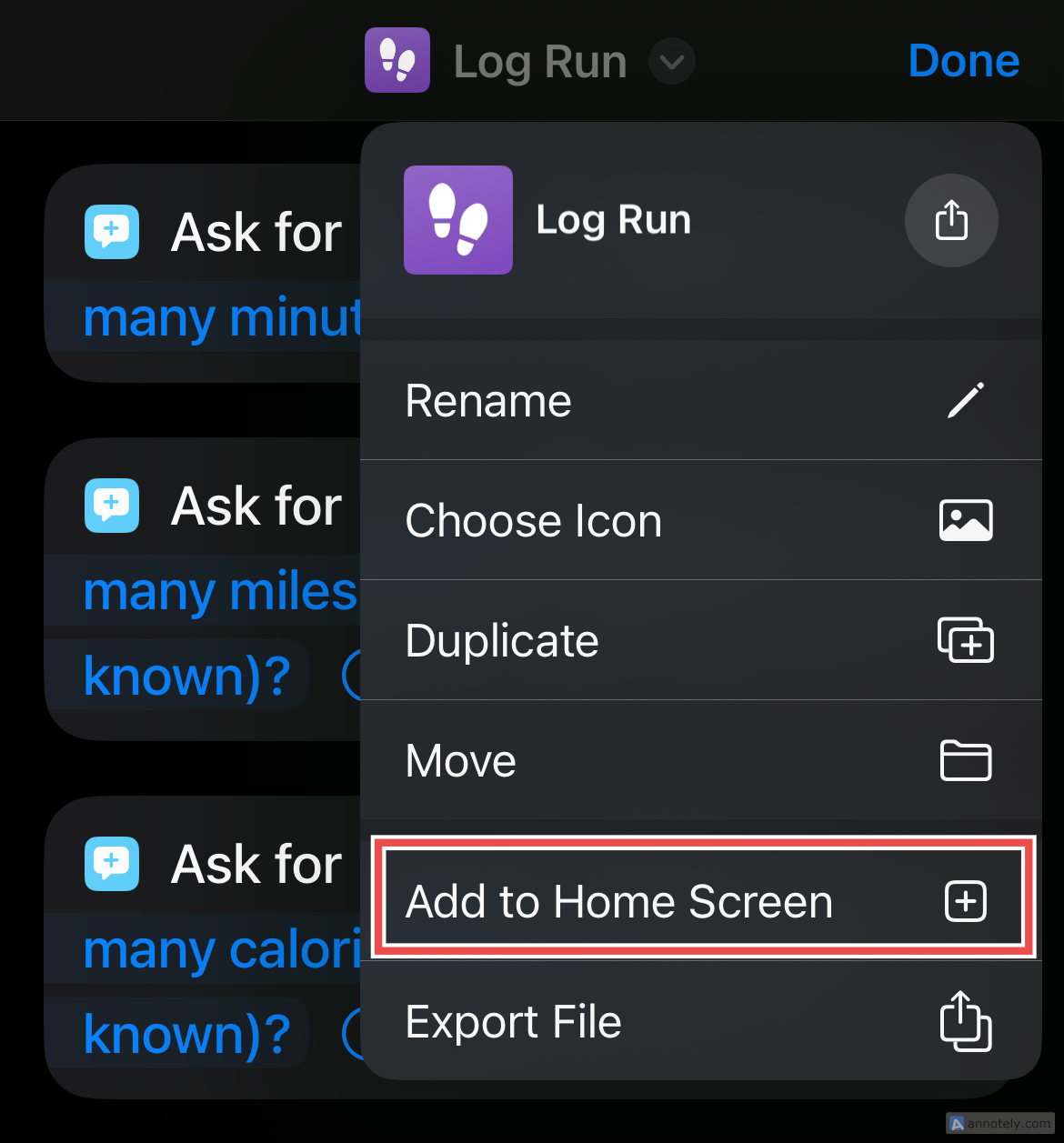 The "Add to Home Screen" option in Shortcuts.