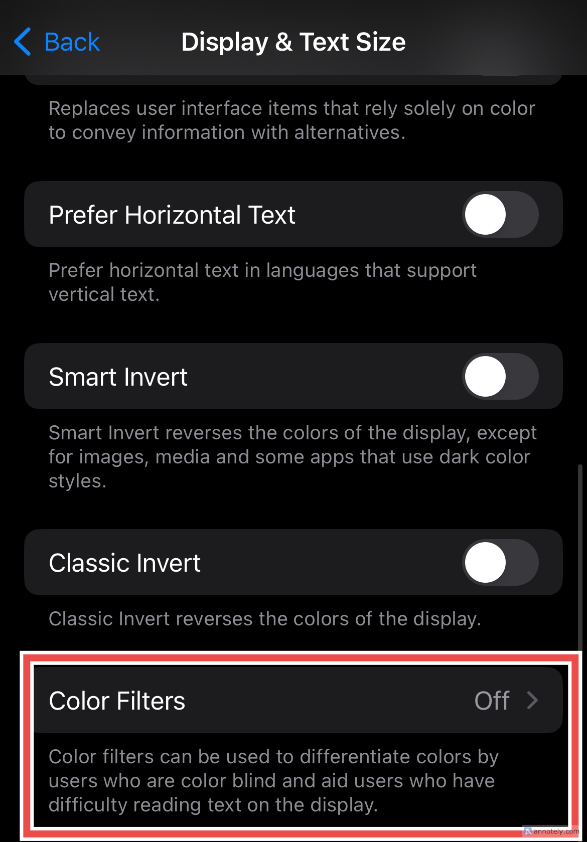 Color Filters in Accessibility settings.