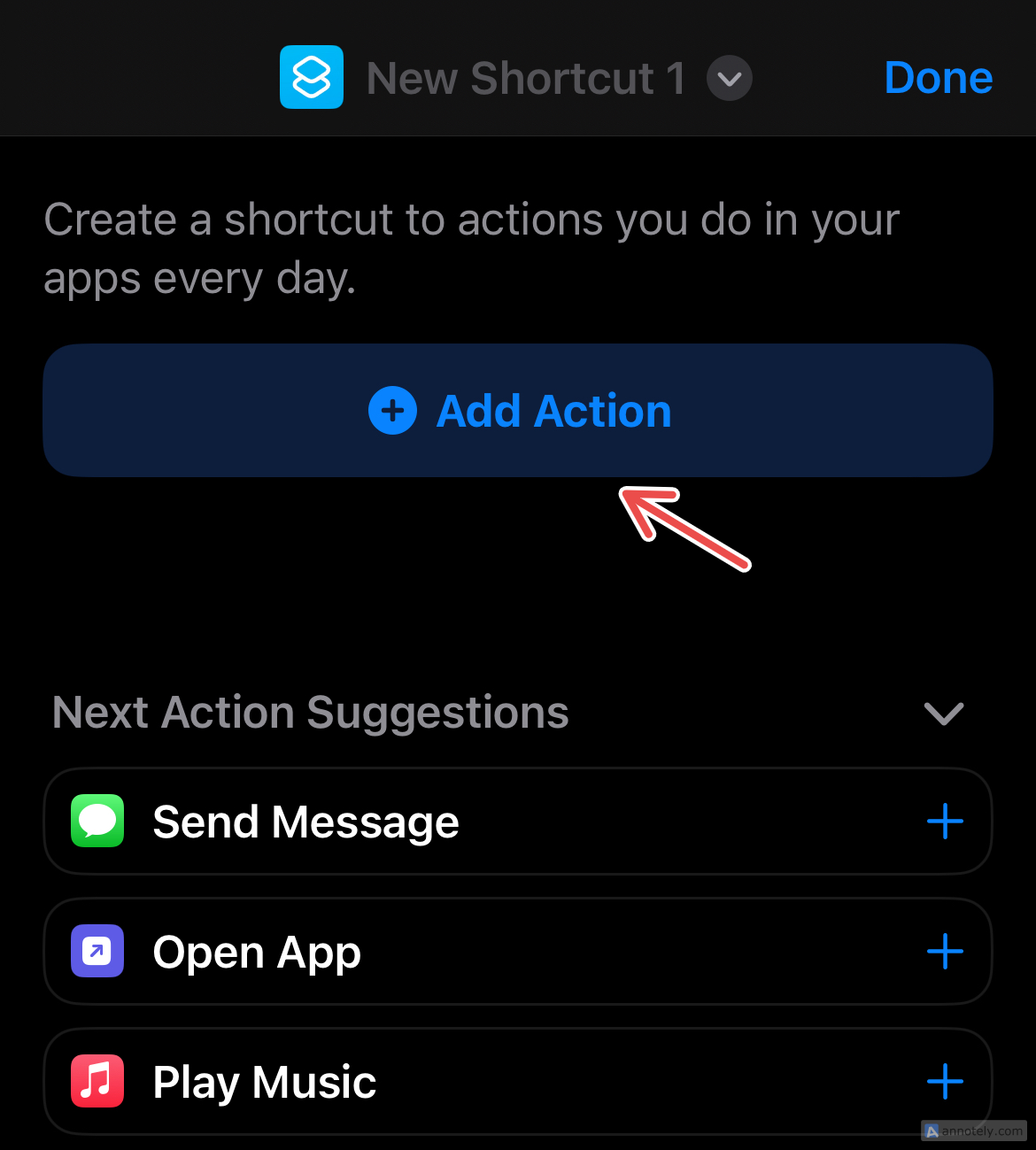 Add Action in a shortcut.