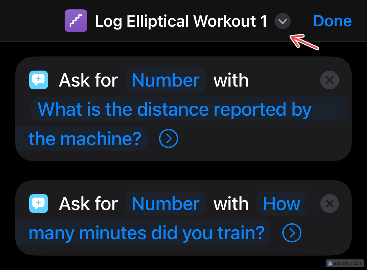The drop-down menu button in Shortcuts.