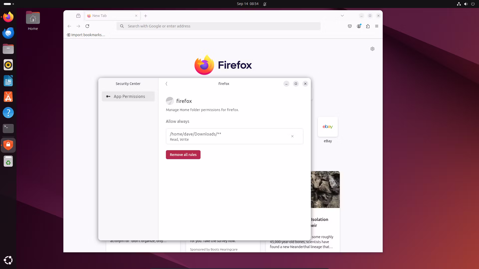 The Ubuntu 24.10 Security Centre listing the stored rules.