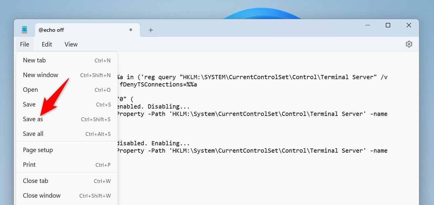 File > Save As highlighted in Notepad.