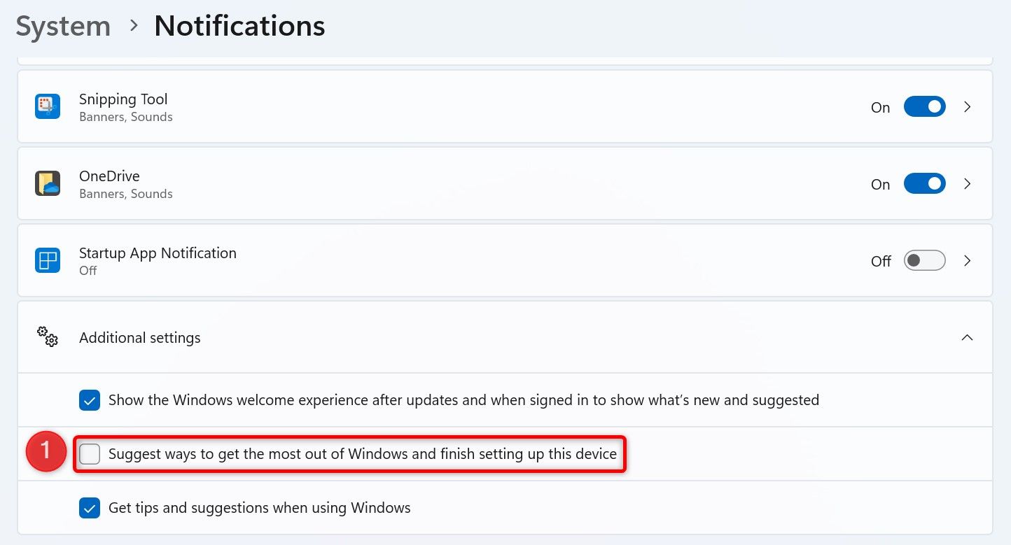 'Suggest Ways to Get the Most Out of Windows and Finish Setting Up This Device' highlighted in Settings.