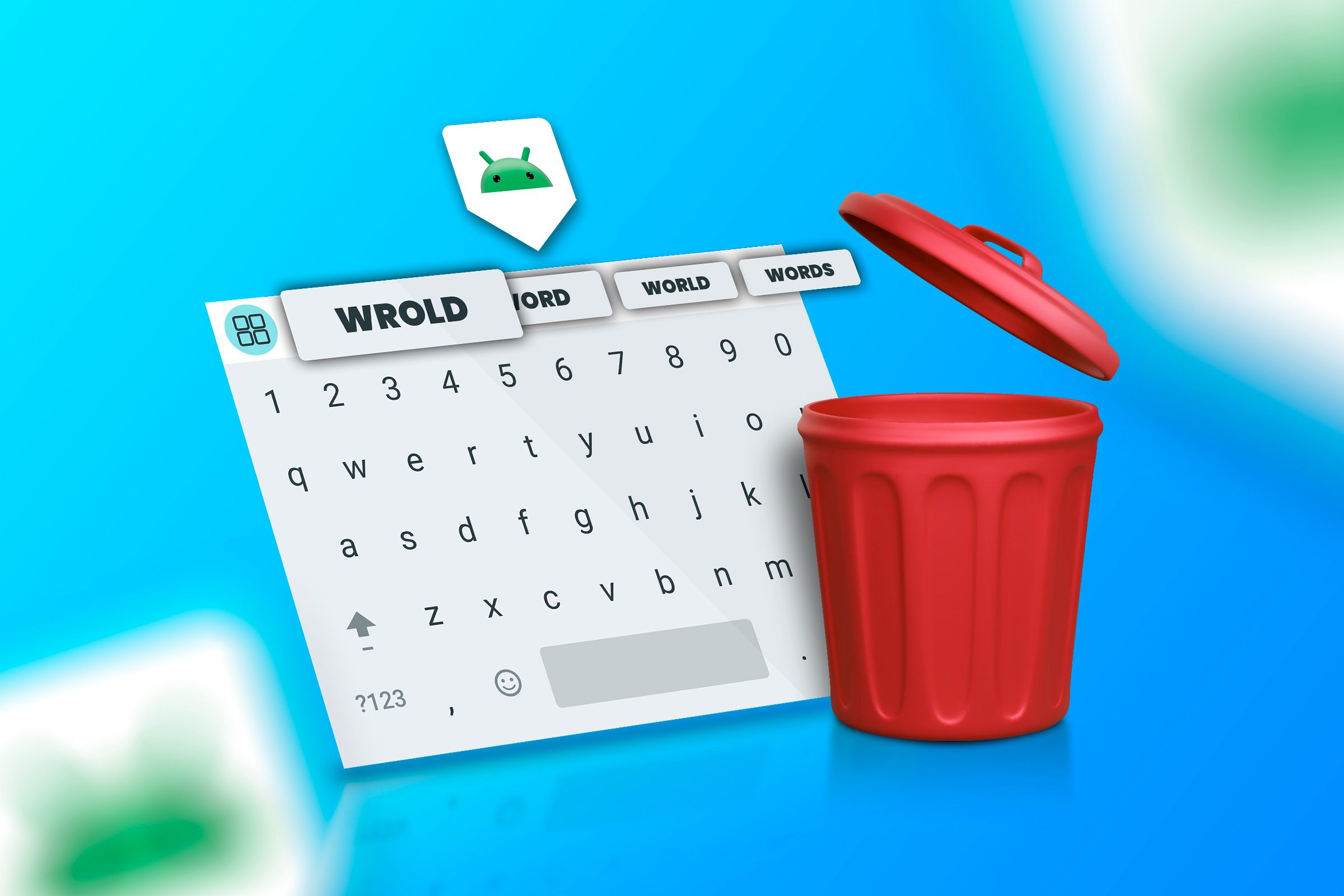 An Android keyboard with some word suggestions and a trash bin next to it.