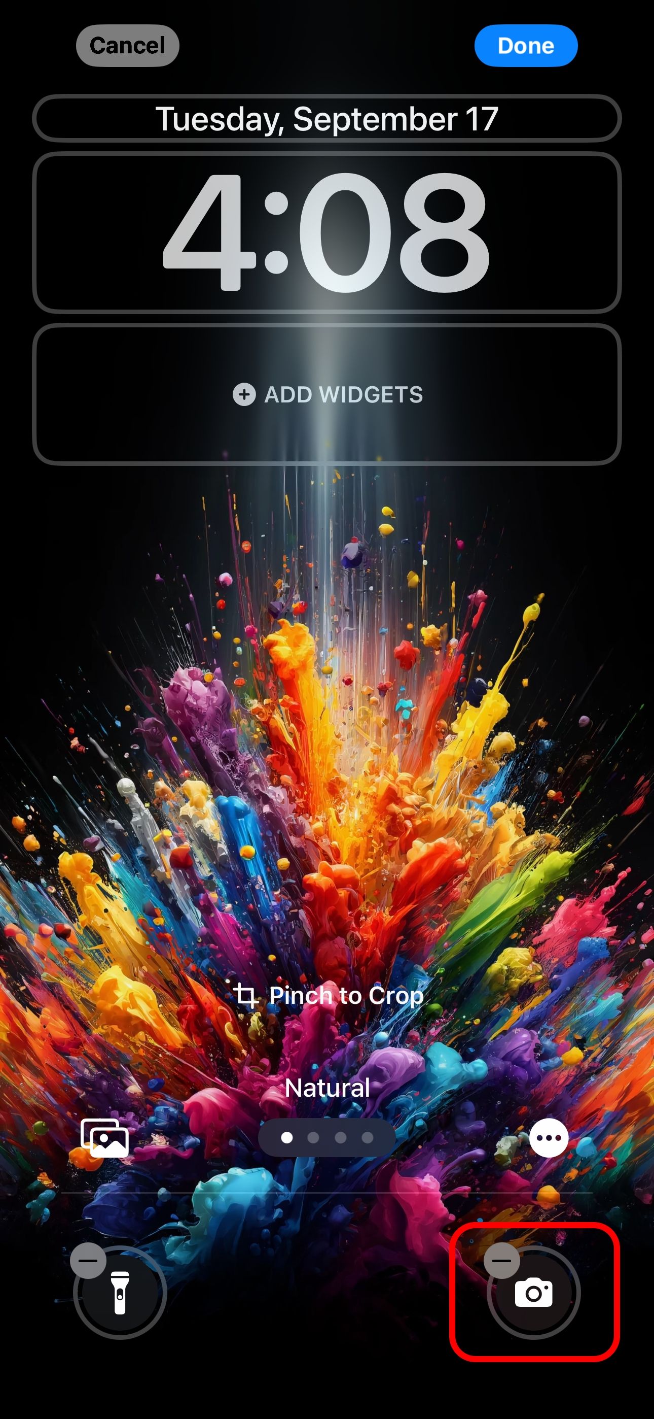 iPhone's lockscreen with the Camera shortcut at the bottom annotated.