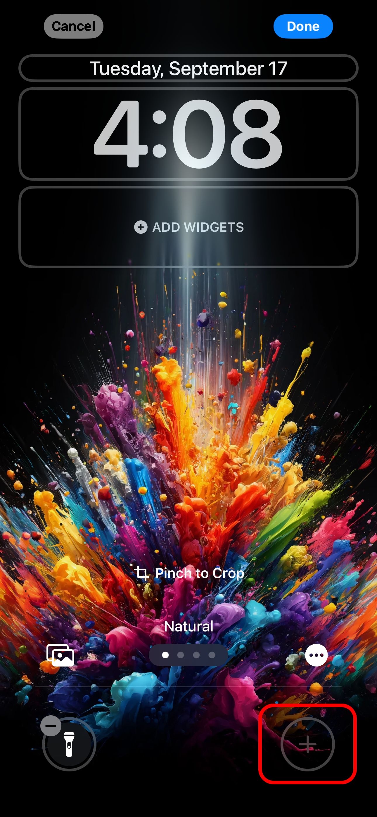 iPhone's lockscreen in editing mode, with the Camera icon at the bottom removed..