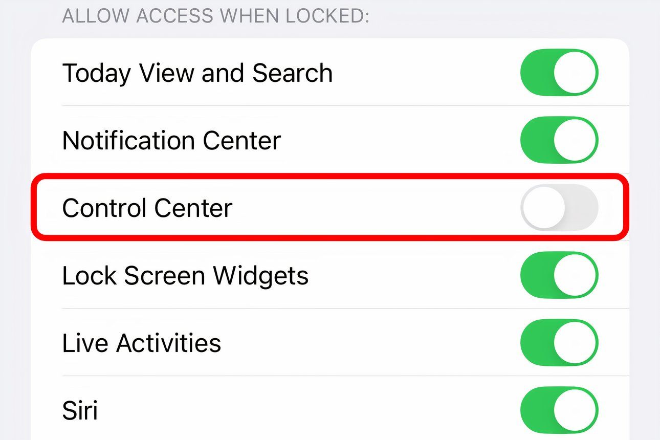 The iPhone's Settings app displaying the disabled and annotated switch to allow Control Center access on the lockscreen.