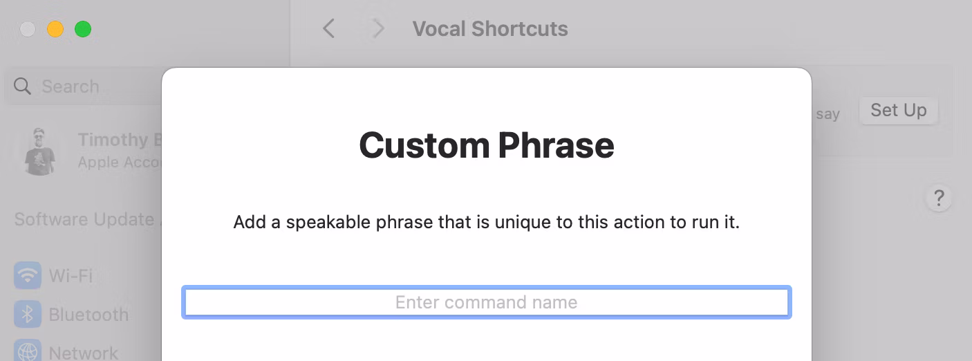 Use custom phrases to perform actions with Vocal Shortcuts in macOS Sequoia.