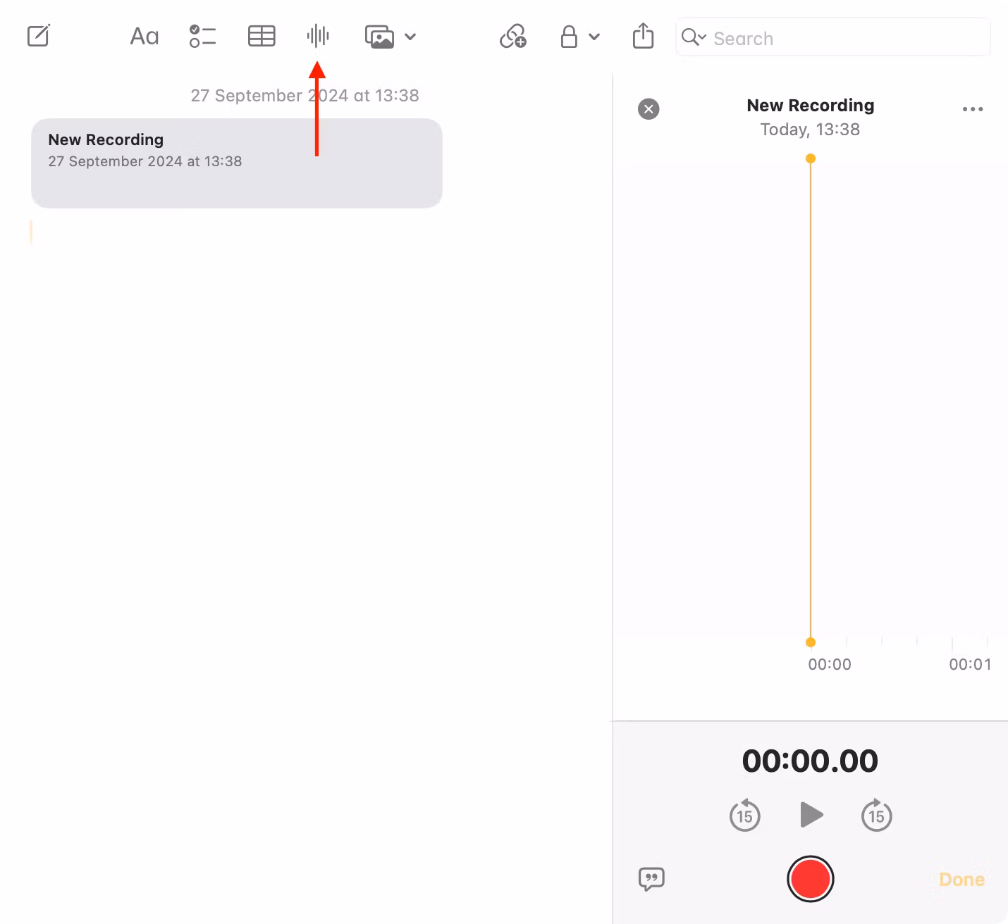 Use Notes for macOS Sequoia to create a new audio recording with transcription.