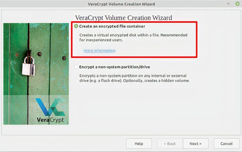 Creating a file container in VeraCrypt.
