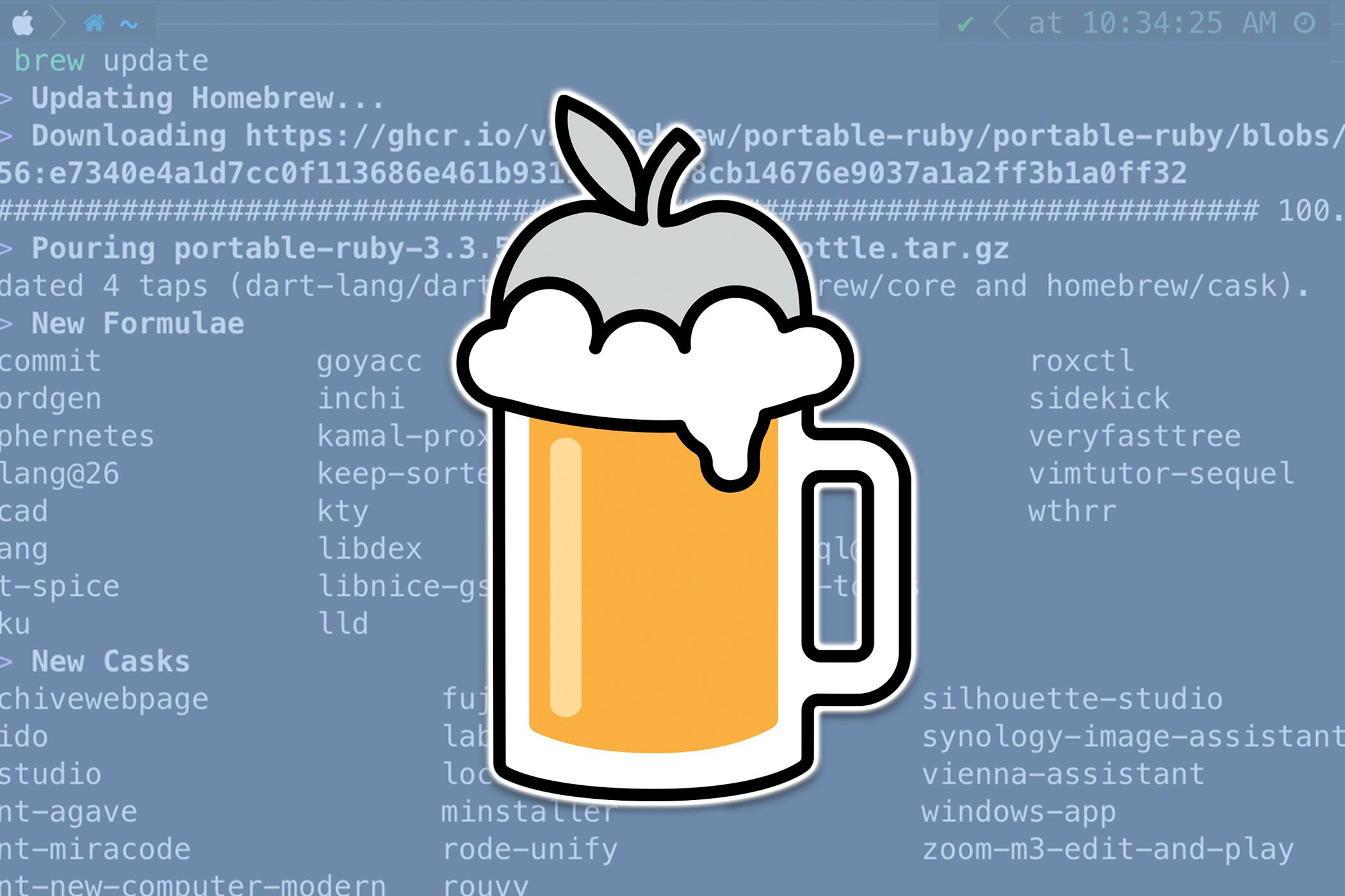 The Homebrew logo over a terminal window.