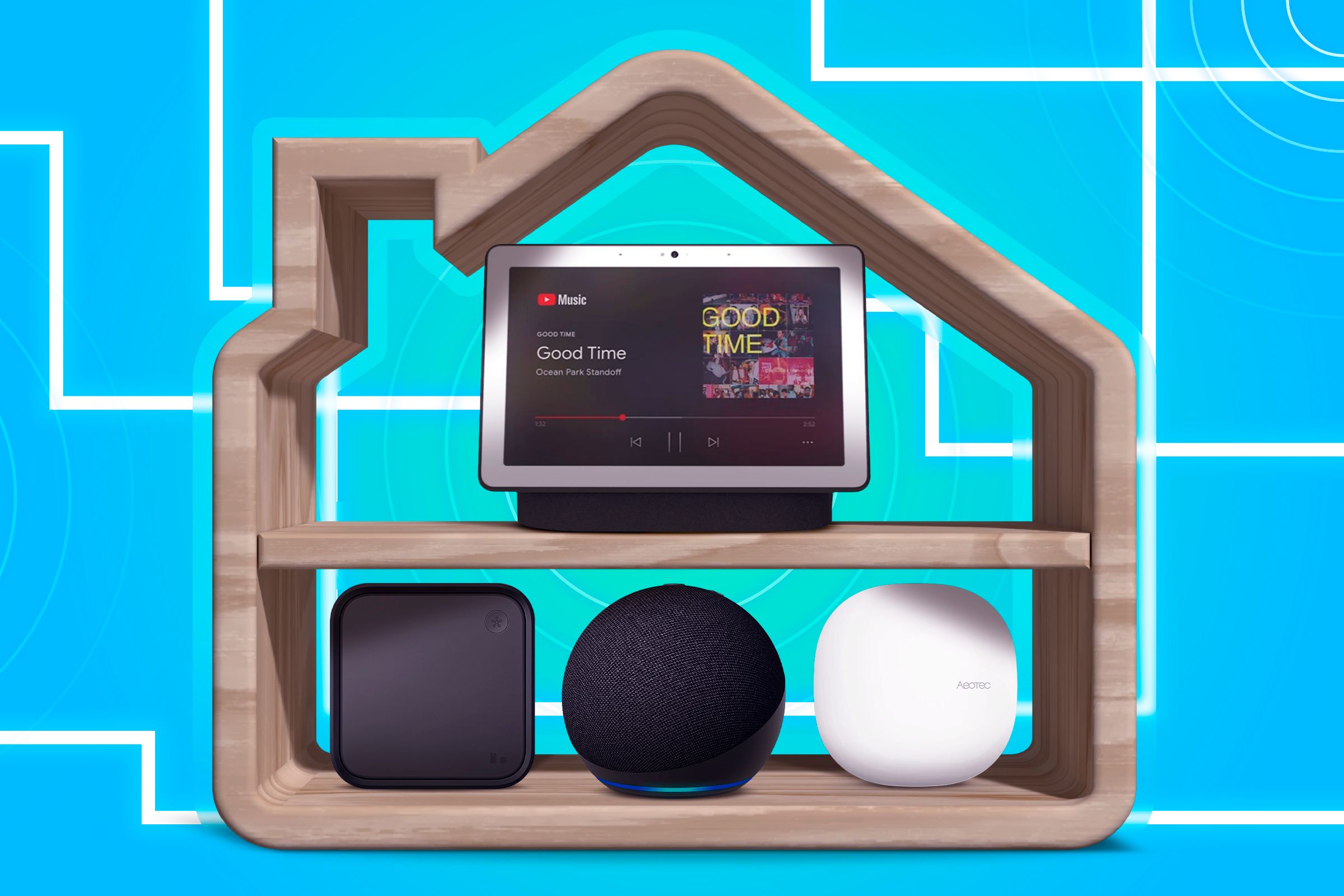 A house-shaped shelf with some smart home hubs.