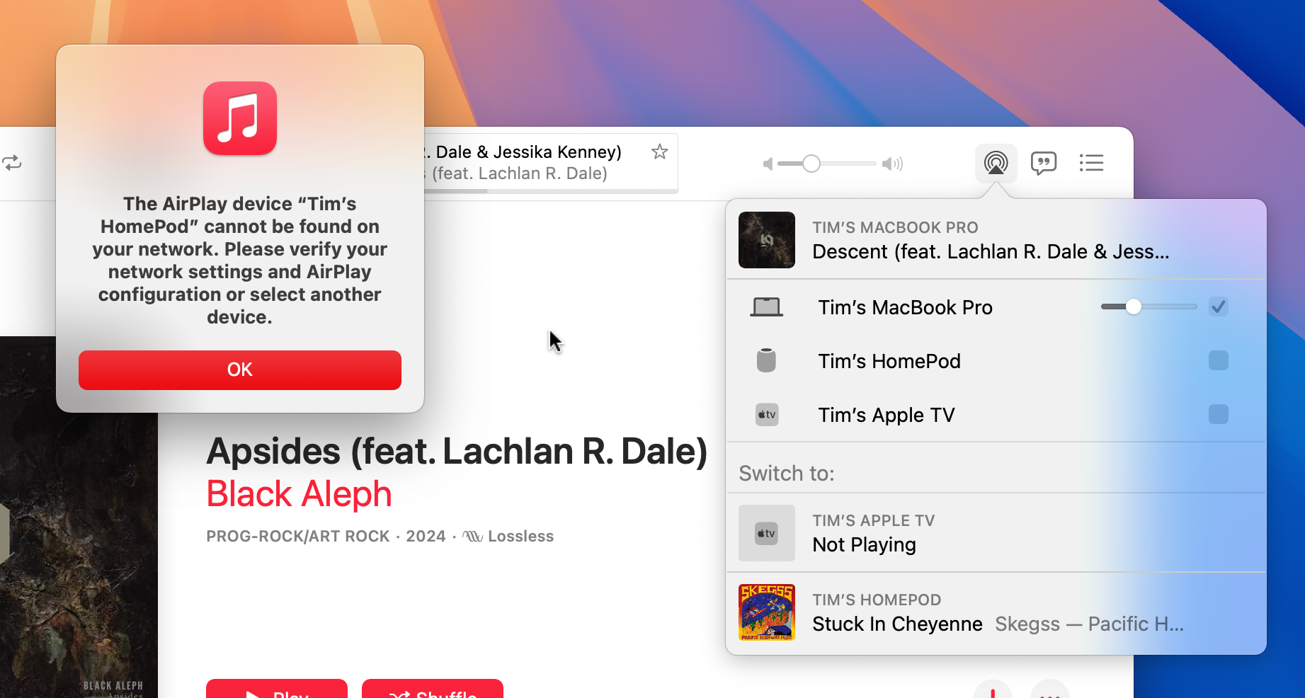 An AirPlay speaker error in Apple Music on a Mac.