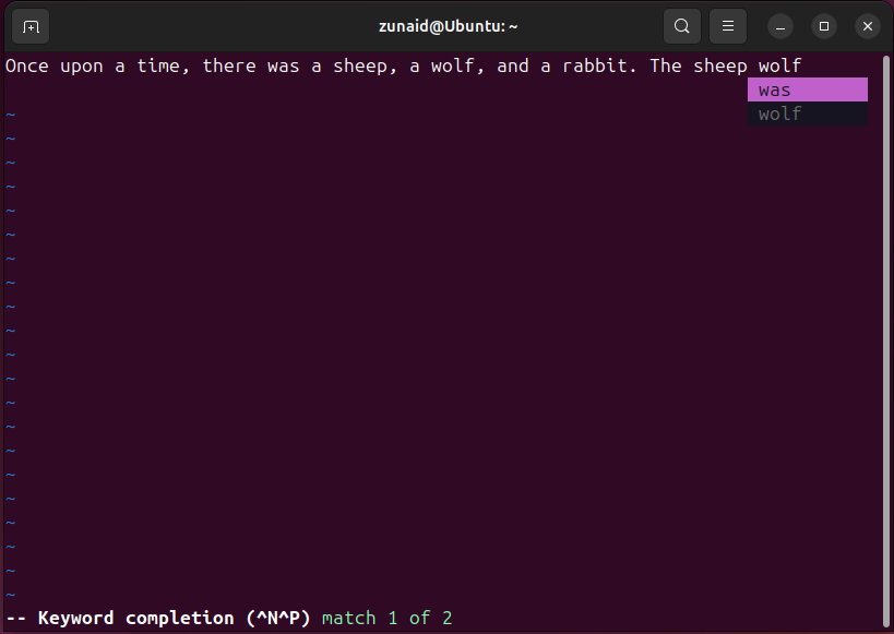An example of Vim's word completion feature.