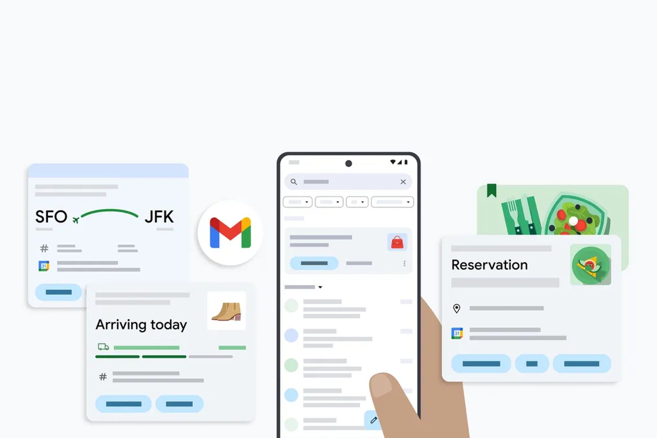 A person using their phone to look at Gmail, and a reservation, delivery, and airline ticket are being shown as an example of what the user can see.