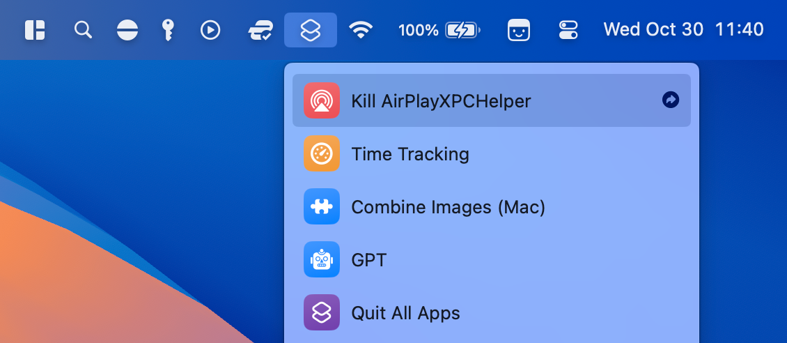 Launching a workflow from the Shortcuts menu bar item.